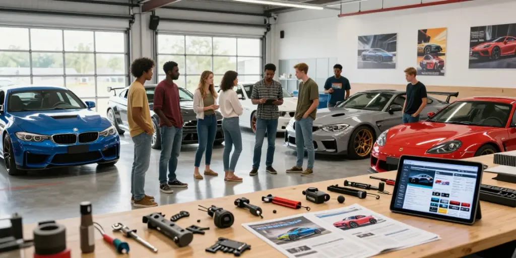 Enthusiasts discussing car review summaries in a modern garage