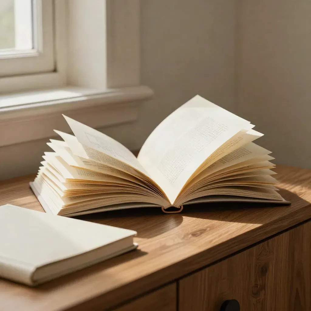 Ivory roadmap portfolio opening on an oak sideboard with notebook and ceramic tray.