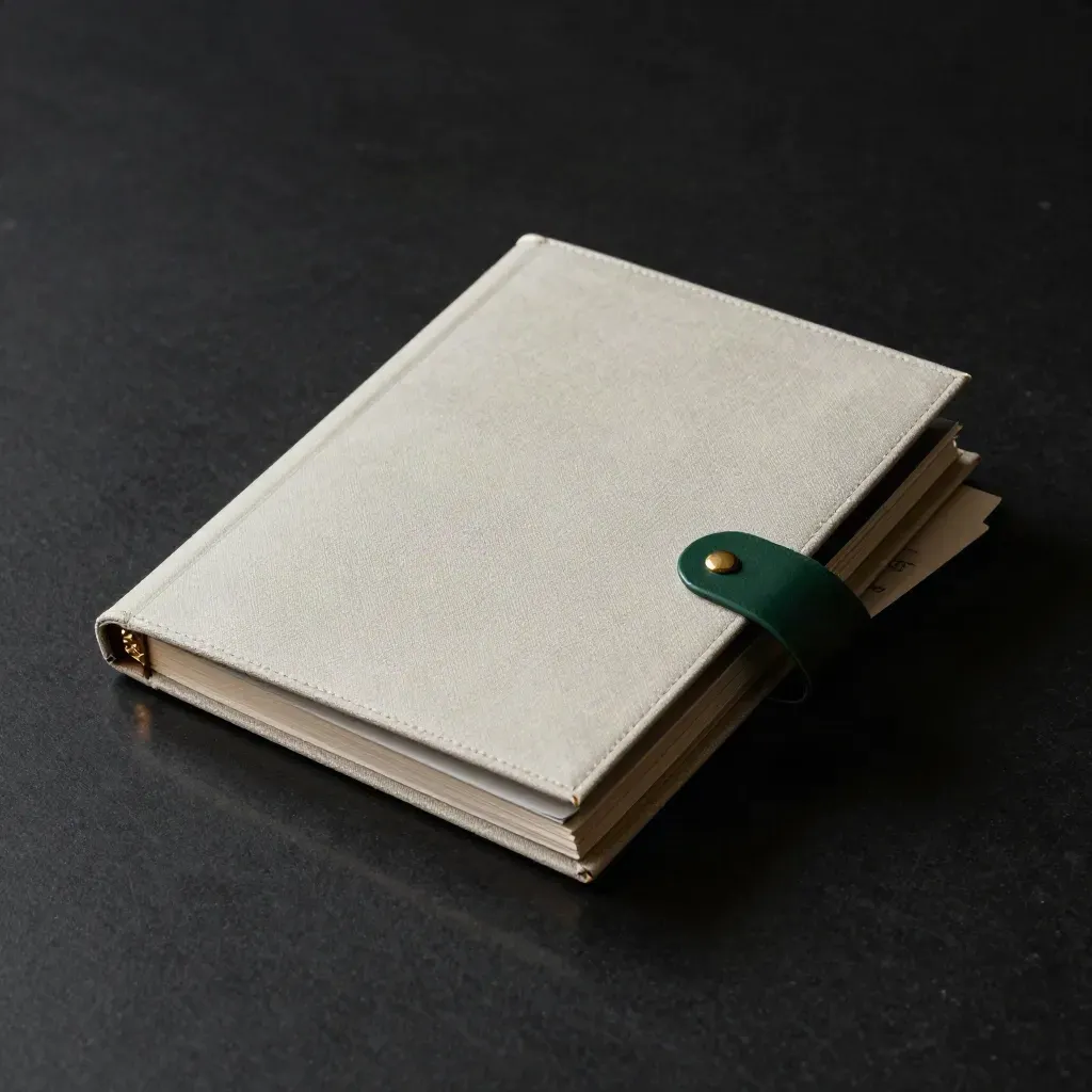 Pale public-sector binder with envelope stack and brass clips on black stone, low dramatic light.