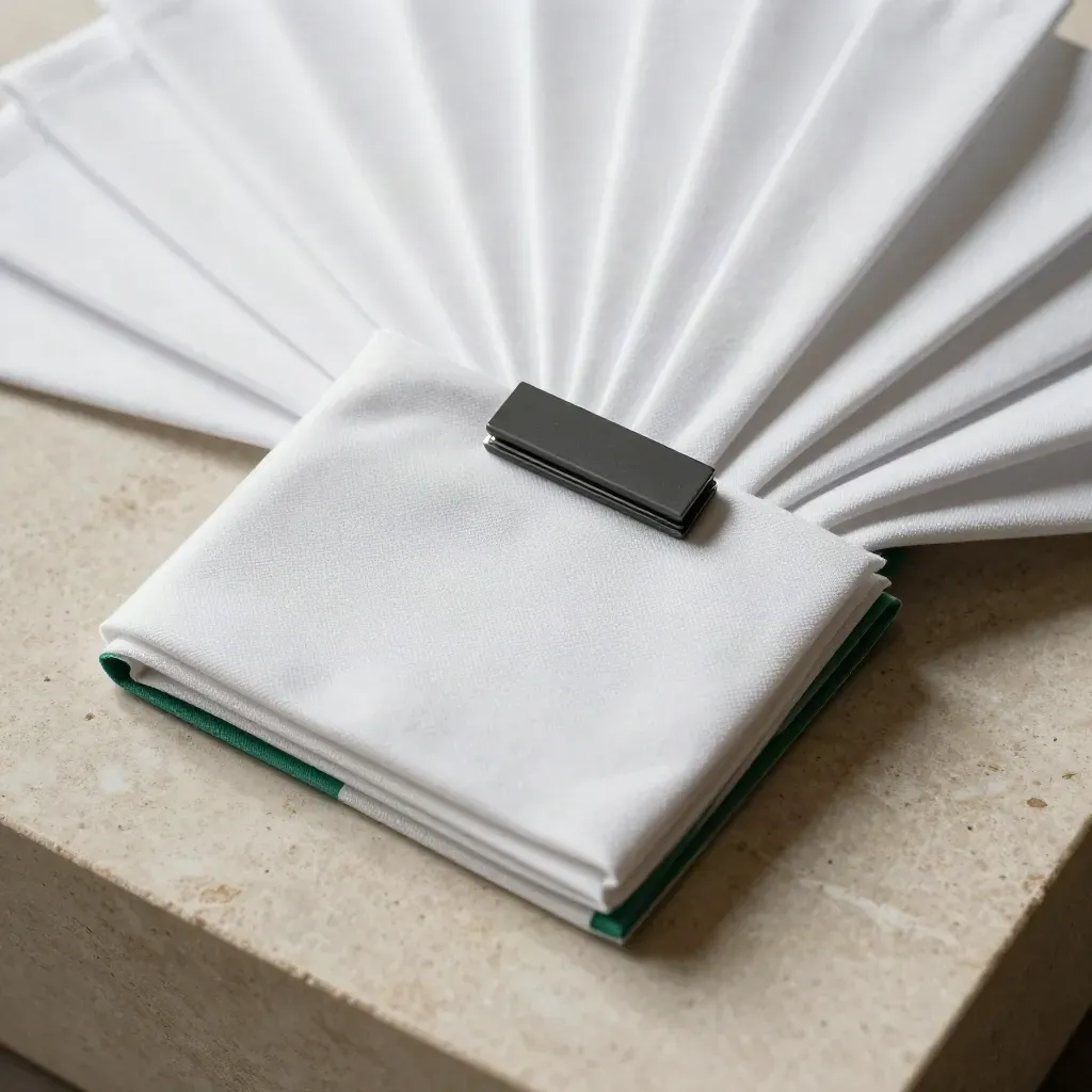 Top-down close-up of layered white sleeves, charcoal clip and folded cloth square on limestone.