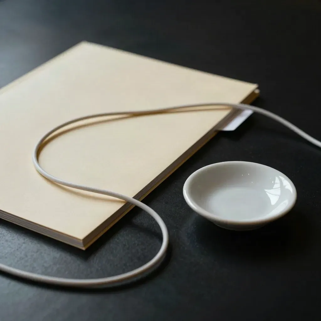 Cream folder, looped cord and ceramic dish on a matte-black surface with dramatic studio light.