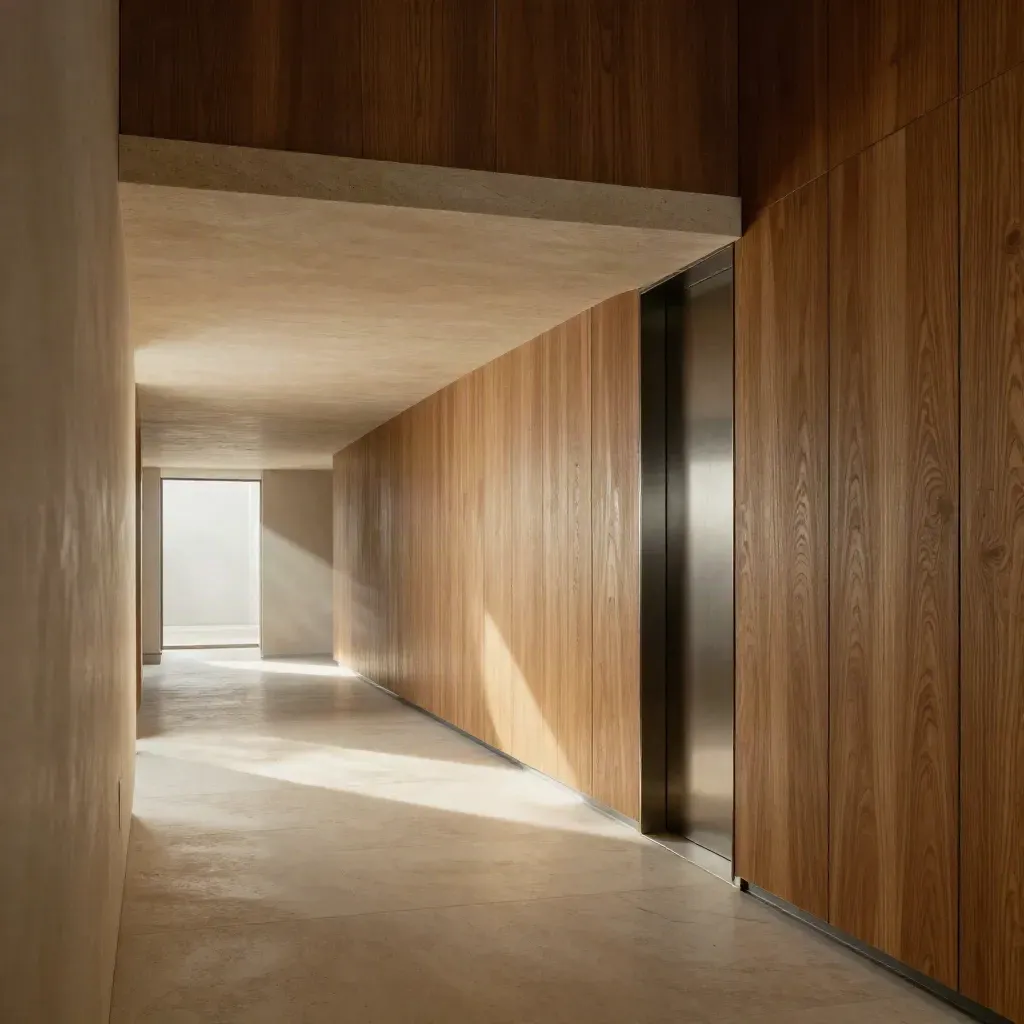 Oak-paneled hallway with daylight, stone plinth, and soft sunbeams in a calm interior.